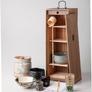 matcha tea utensils set in a wooden box