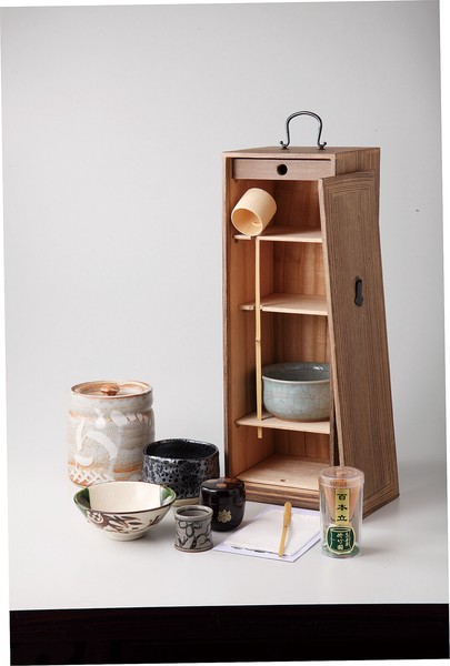 matcha tea utensils set in a wooden box