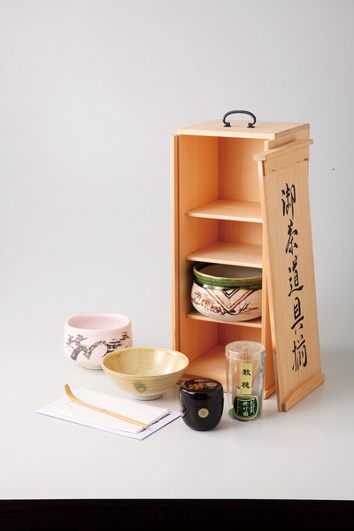 matcha tea utensils set in a wooden box