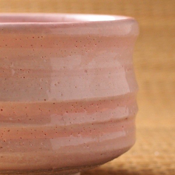 pink matcha tea bowl front view close up