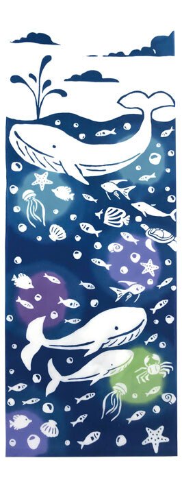 tenugui hand towel whales and fishes 33x90cm