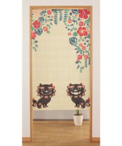 Front View Noren Japanese Curtain Cats and Flowers 85 x 150cm Made in Japan