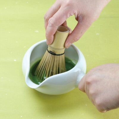 Mino ware Minoyaki Easy Matcha Teapot with matcha being whisked in to