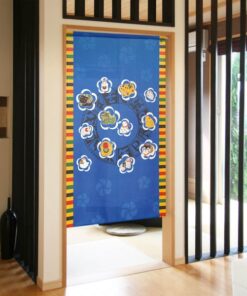 Japanese Noren Blue Chinese Zodiac Plum Pattern Curtain - Made In Japan hanging on a wall in outdoor setting