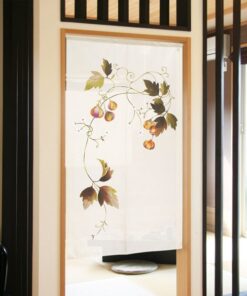 Japanese Noren Goodwill Fusenkazura Pattern Curtain hanging on a wall in outdoor setting
