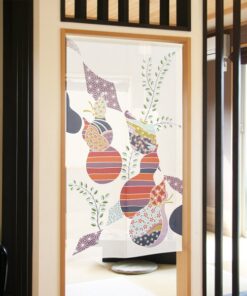 Japanese Noren Komon Hyotan White Abstract hanging on a door in outdoor setting