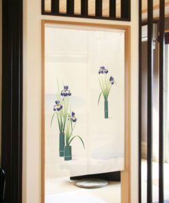 Japanese Noren Summer Iris Pattern - Made in Japan hanging on a wall in an outdoor setting