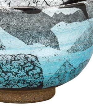 Kutani Ware Glacial Stream Blue Japanese Matcha Bowl Right Snowy Glacier and Blue Color Highlight with the Brown Base
