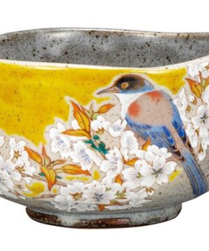 Kutani Ware Hand-painted bluebird and Cherry blossom Matcha Bowl design portrait