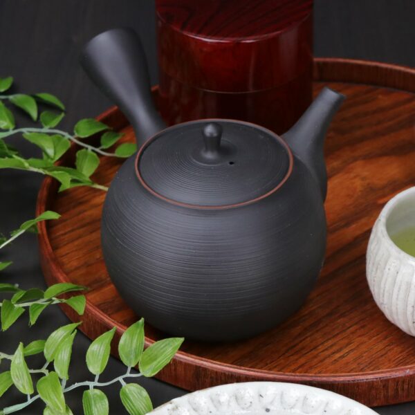 Tokoname ware Smoke Black Teapot on a food tray