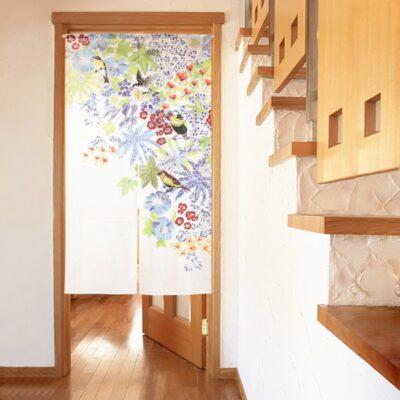Japanese Noren Botanica Design with Plants and Birds hangin in doorway