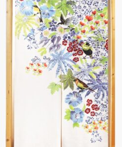 Japanese Noren Botanica Design with Plants and Birds hanging in door jam,