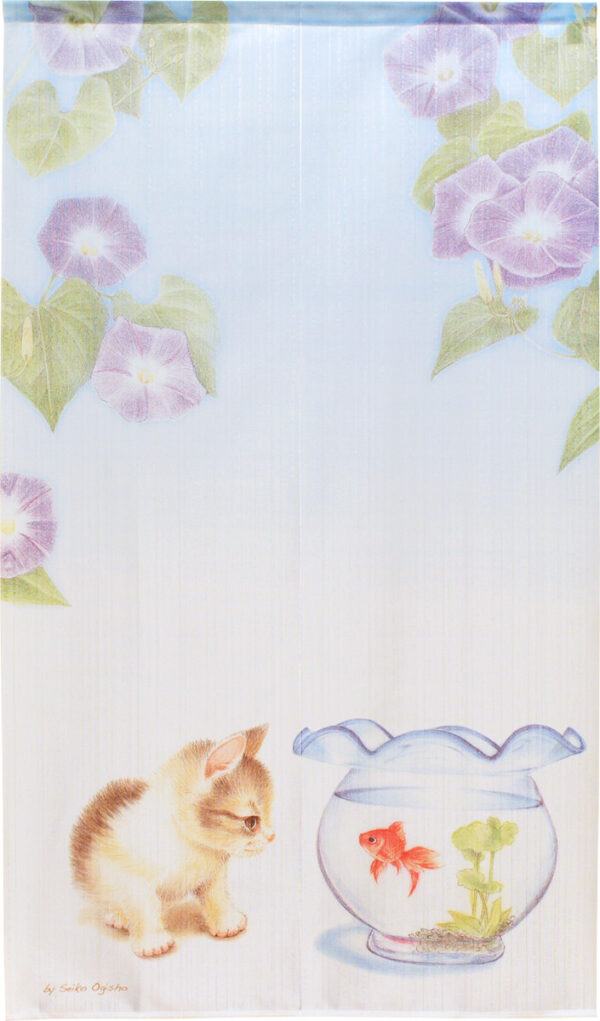 Japanese Noren Colorfull Cat and Goldfish PORTRAIT (1)