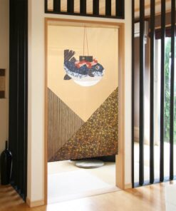 Japanese Noren Hanging Ornamental Blowfish Lucky Charm hanging on a wall