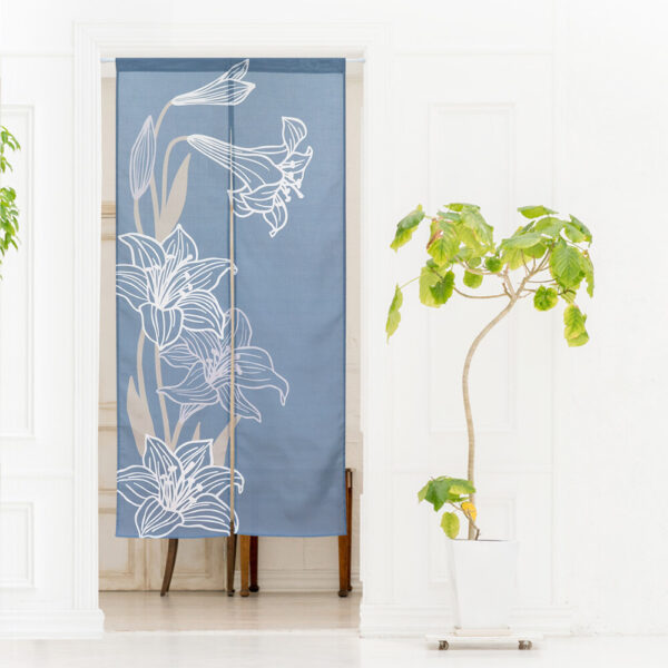 Japanese Noren Lily flower Design - Indigo Color - MIJ HANGING IN A DOORWAY