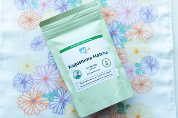 Saemidori Matcha from Kagoshima, Japan 100g bag kiku background