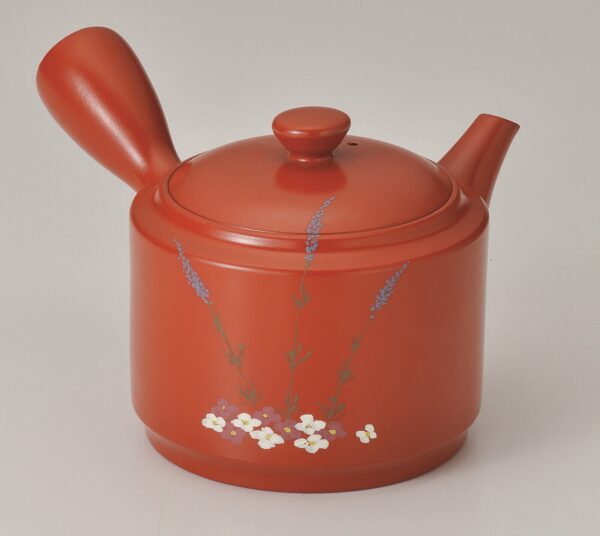 Tokoname ware Lavender Print Red Color Teapot - MIJ PORTRAIT ON WHITE Background