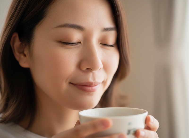a woman with clear, beautiful skin drinking tamaryokucha tea
