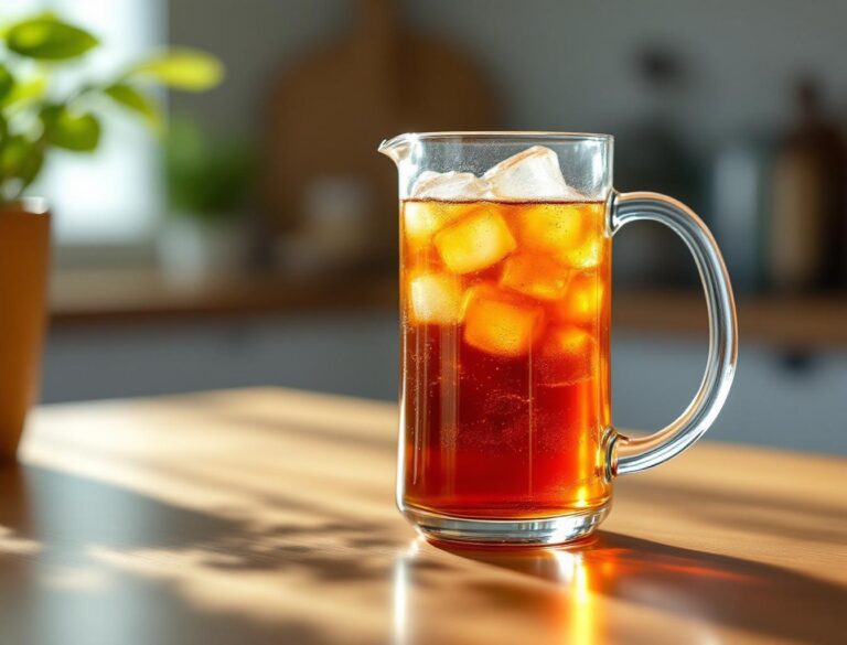 Cold brew hojicha in a glass pitcher with ice, refreshing Japanese roasted iced tea