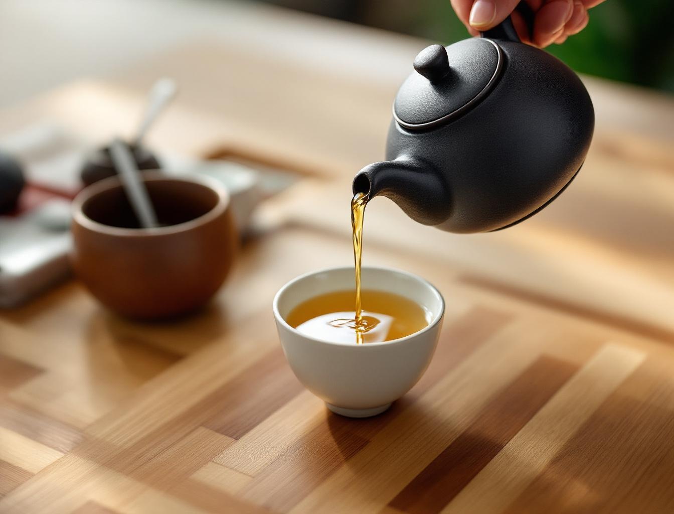 Japanese kyusu teapot pouring golden kukicha tea into a small ceramic cup, Japanese tea ceremony