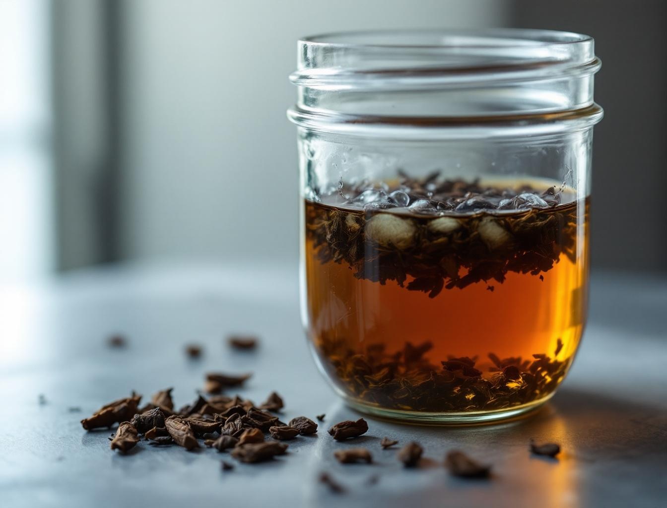 Hojicha leaves steeping in cold water in a glass jar — the cold brew mizudashi method