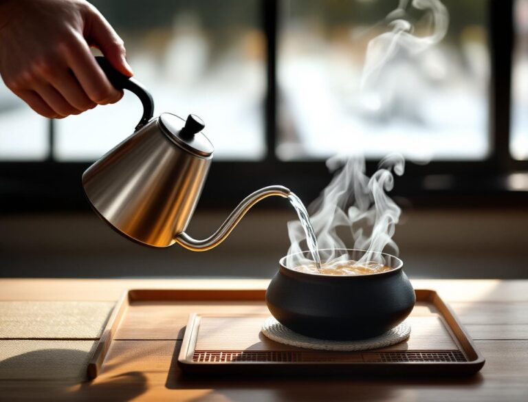 Gooseneck kettle pouring hot water into Japanese kyusu teapot for green tea brewing at precise temperature