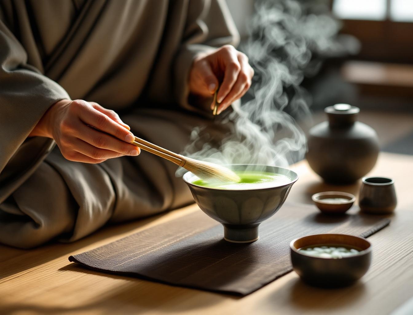 Traditional Japanese tea ceremony with matcha in a black chawan bowl on tatami