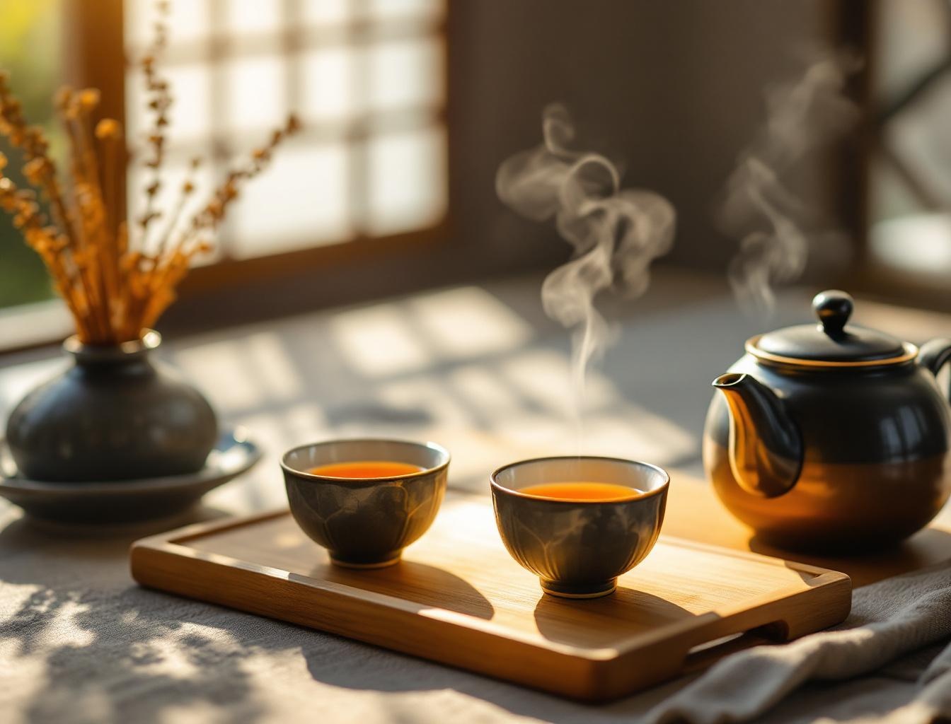 Bancha tea in traditional Japanese ceramic teapot on wooden tray with two cups