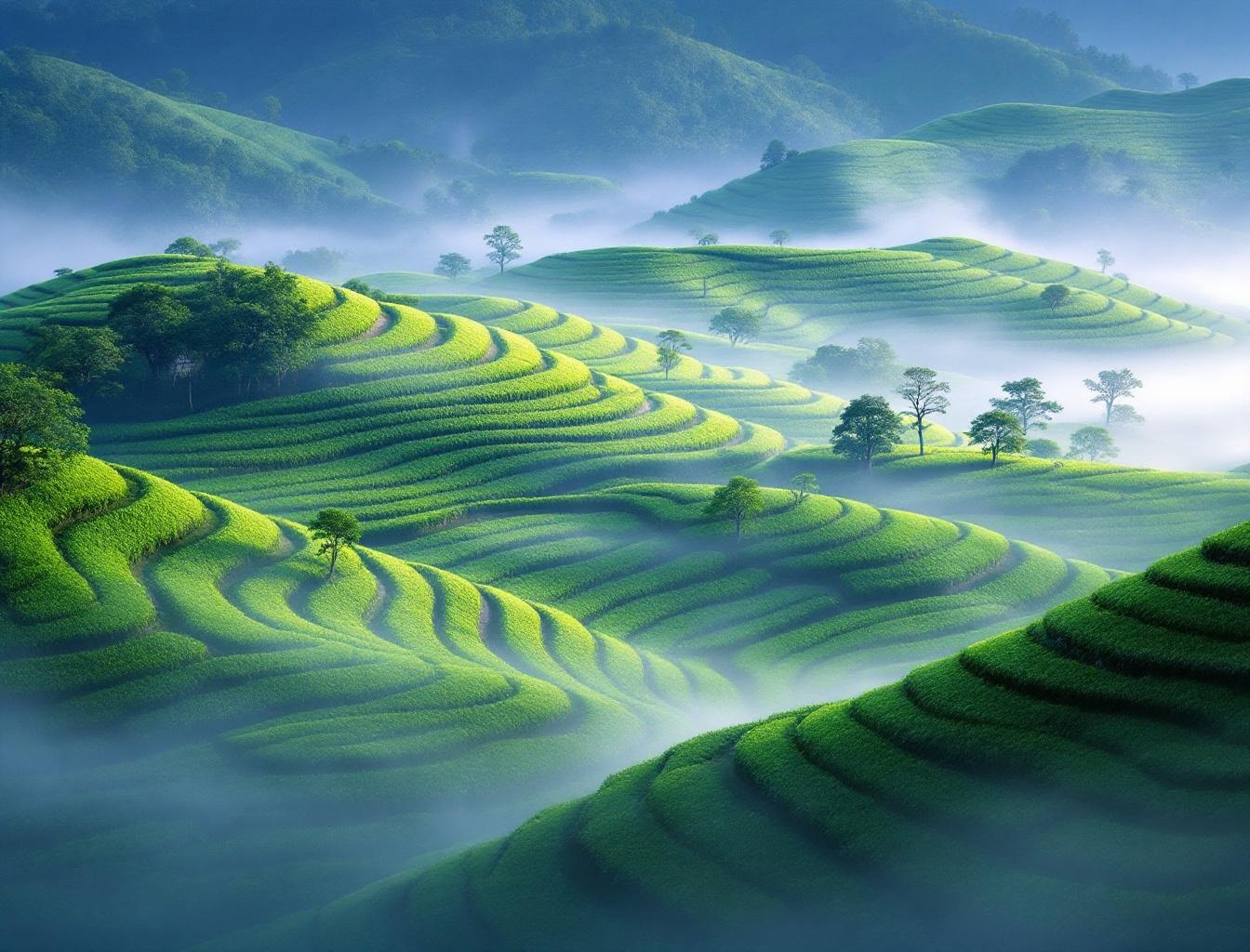 Terraced green tea fields in Kyushu Japan with misty morning fog rolling over rolling hills of tea rows