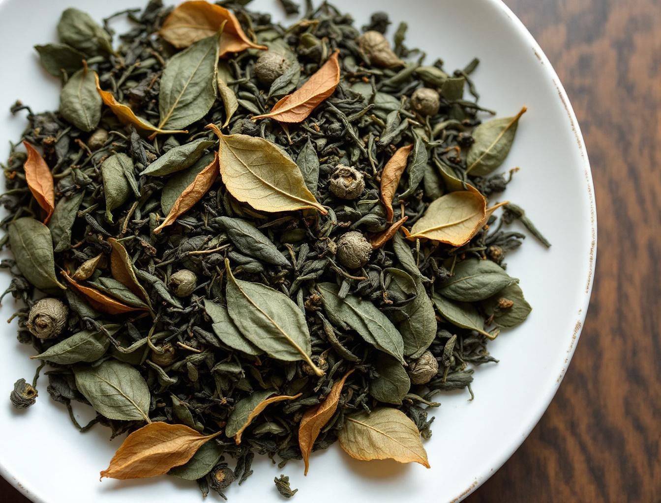 Dried bancha tea leaves on white ceramic plate showing mature flat leaves characteristic of later harvest