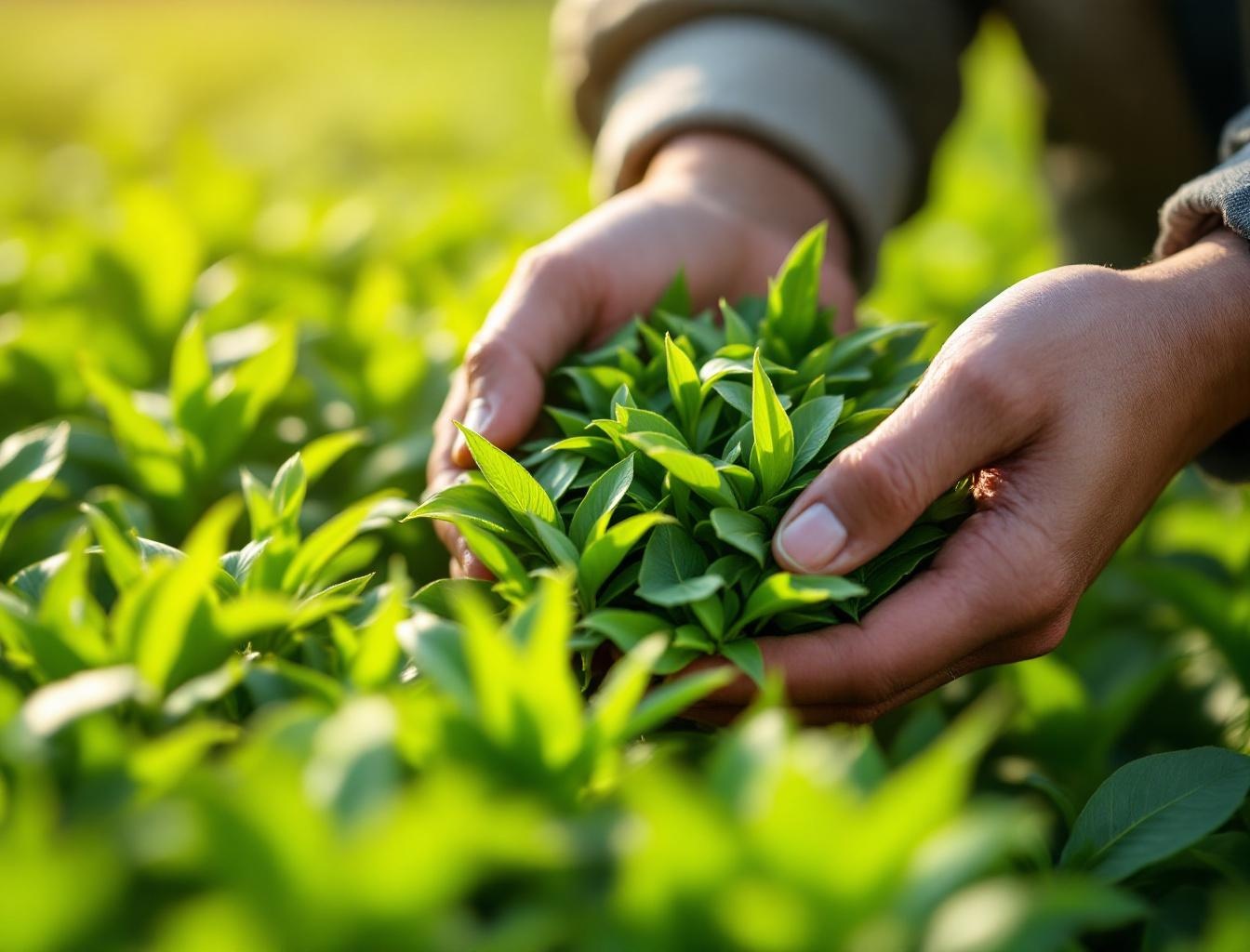 Japanese tea cultivars — hand-harvesting first flush green tea leaves in Shizuoka