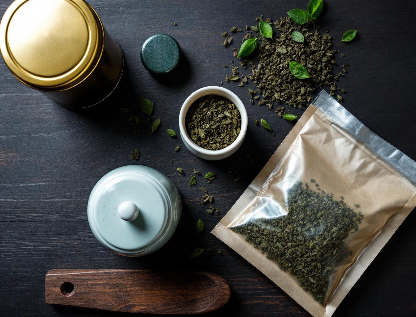 Tea storage container comparison — metal tin, ceramic jar, and Mylar bag for Japanese green tea