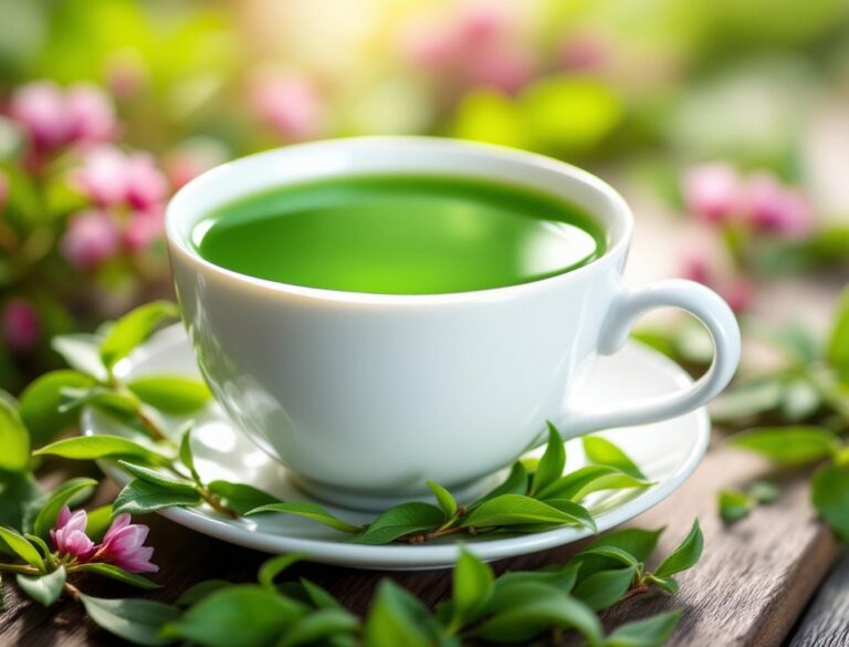 Japanese shincha new harvest tea — first flush green tea in a white porcelain teacup