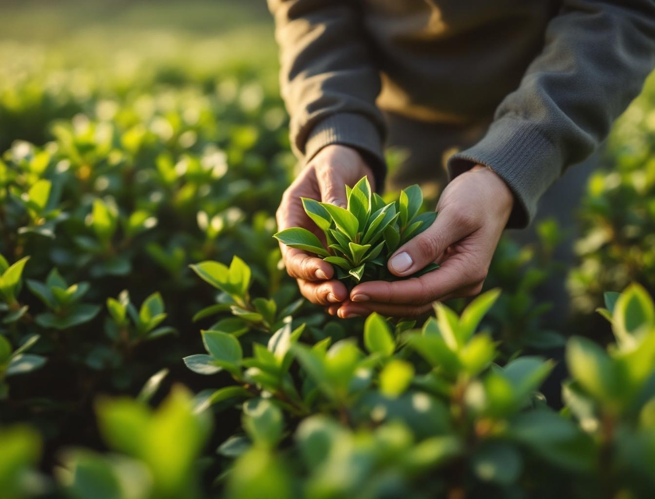 Tea farmer harvesting shincha first flush green tea leaves at dawn in Shizuoka