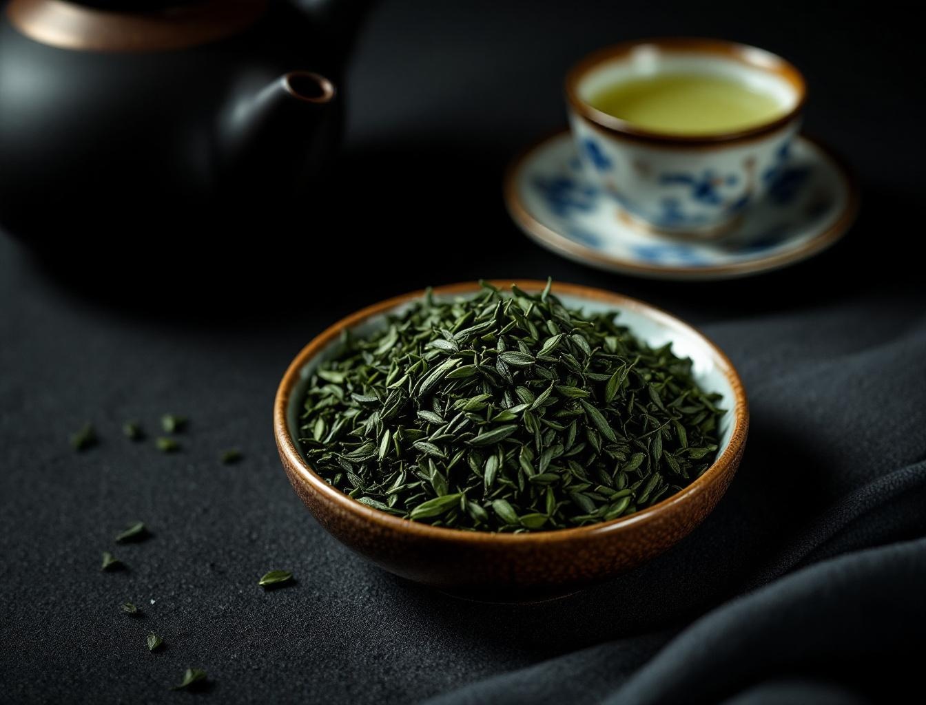 Gyokuro green tea in a small ceramic cup with loose leaves