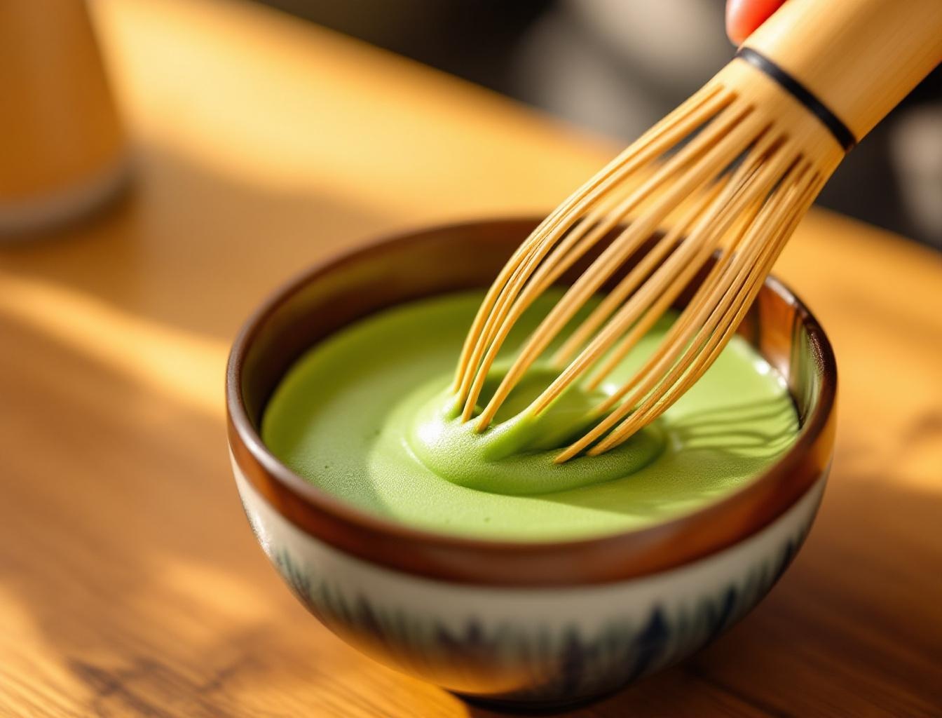 Bamboo chasen tea whisk whisking matcha in a Japanese stoneware chawan bowl