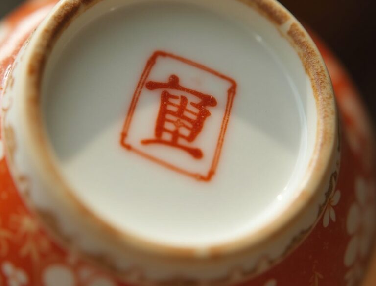 Close-up of Kutani porcelain base showing authentic hand-painted 九谷 mark in red overglaze enamel — collector's identification guide
