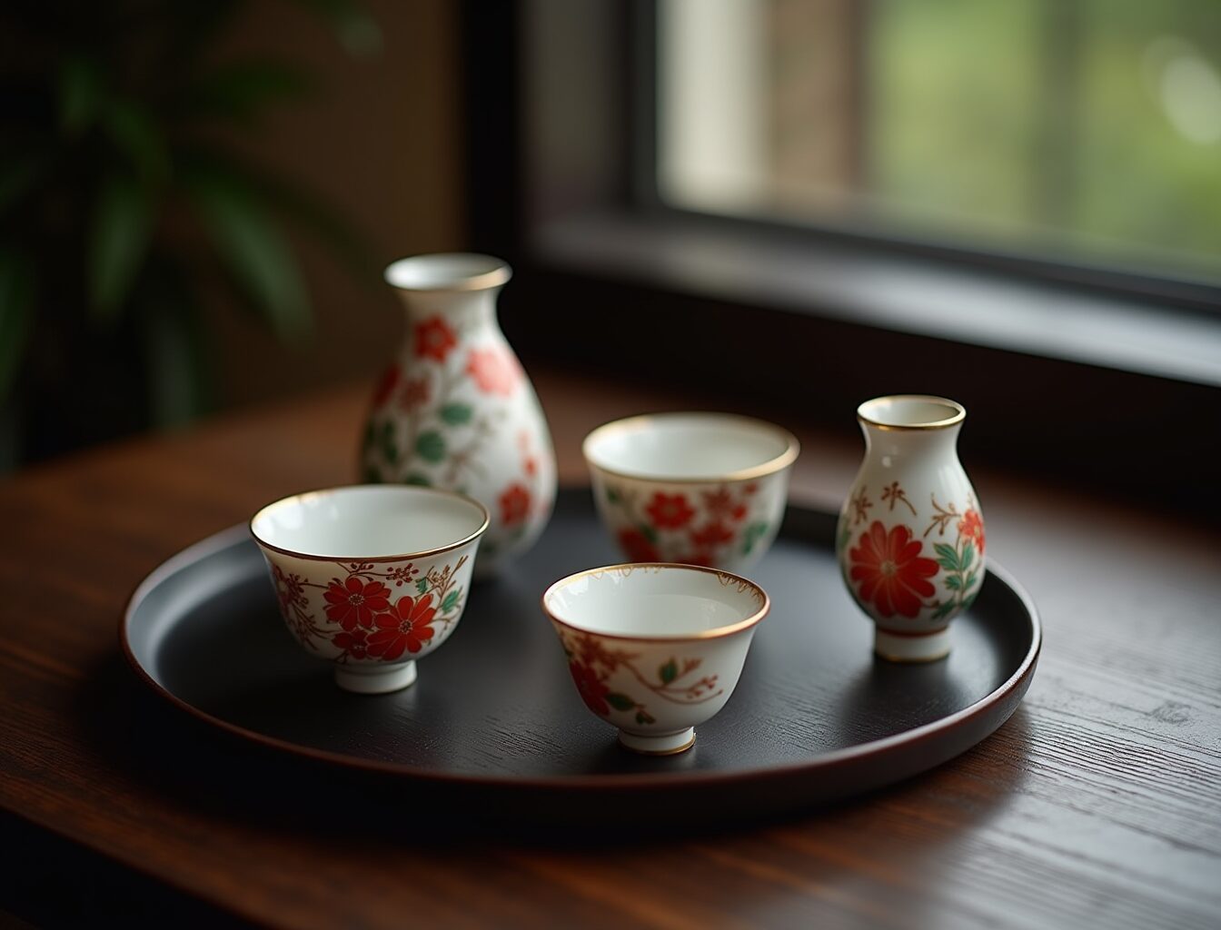 Arrangement of Kutani porcelain pieces showing varied eras and styles — tea cups, sake cups, and small vase with five-color overglaze enamel decoration