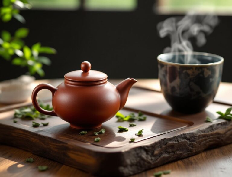 Japanese kyusu teapot in Tokoname red clay with yunomi cup and green tea leaves on wooden tray