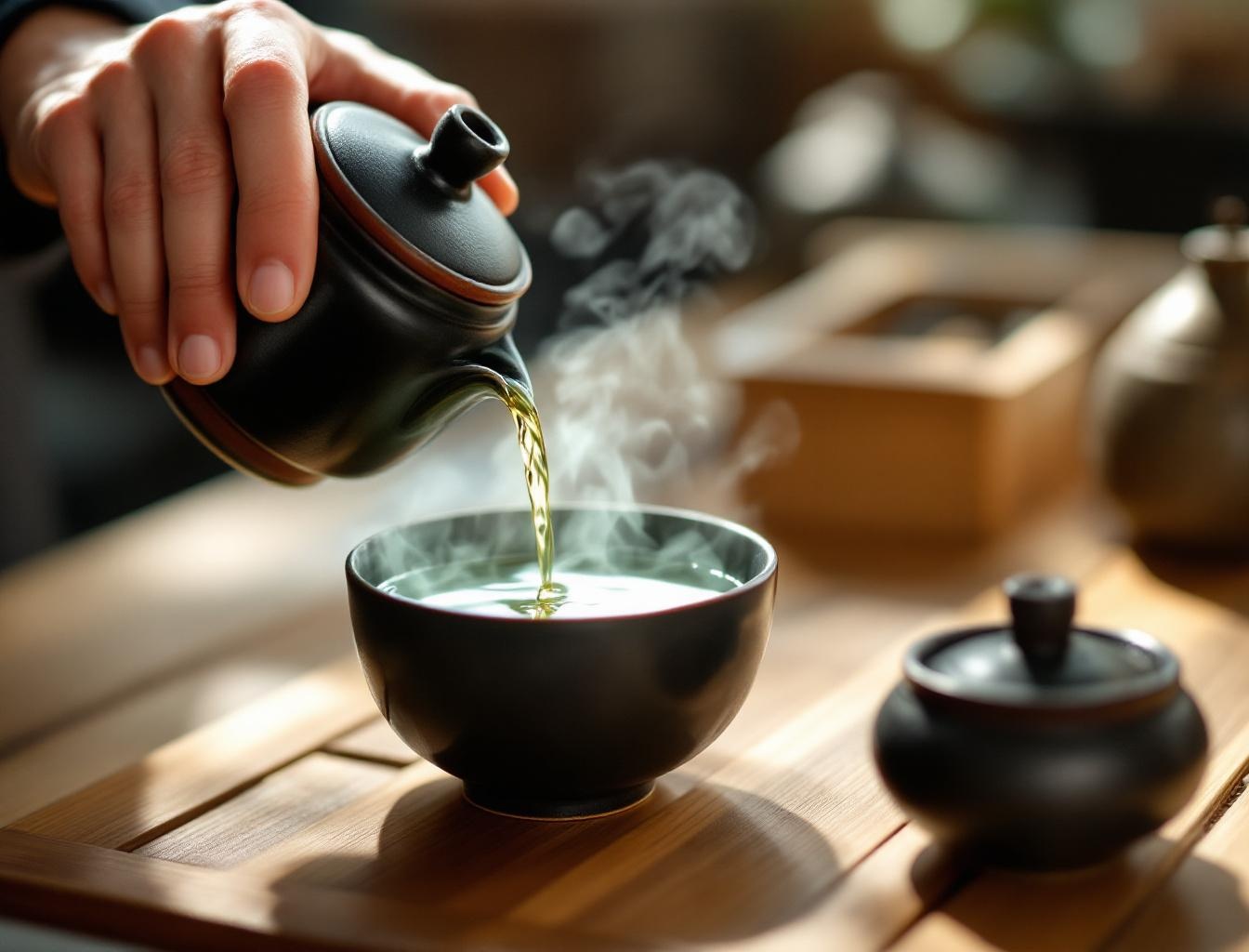 Pouring sencha green tea from a Japanese kyusu teapot into a yunomi cup