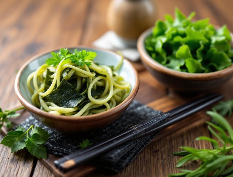 Japanese sea vegetables arrangement — nori, kombu, and wakame in ceramic bowls on wooden surface