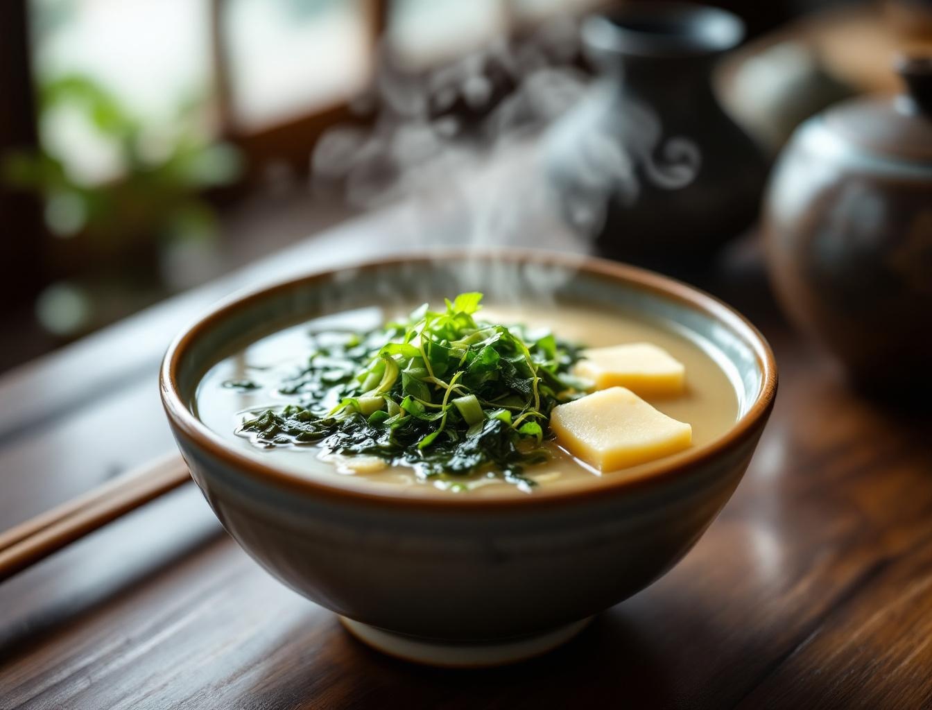 Japanese miso soup with wakame seaweed and tofu in ceramic bowl, traditional preparation