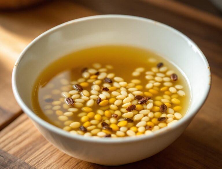 Cup of genmaicha green tea with roasted brown rice kernels in a ceramic Japanese tea cup