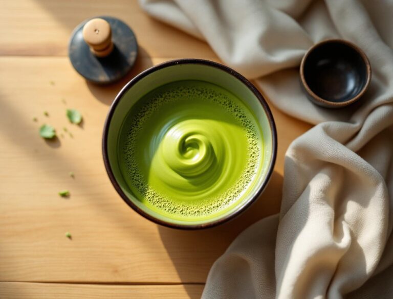 Japanese tea starter kit — matcha chawan bowl, bamboo chasen whisk, chashaku scoop and sifter on wooden table