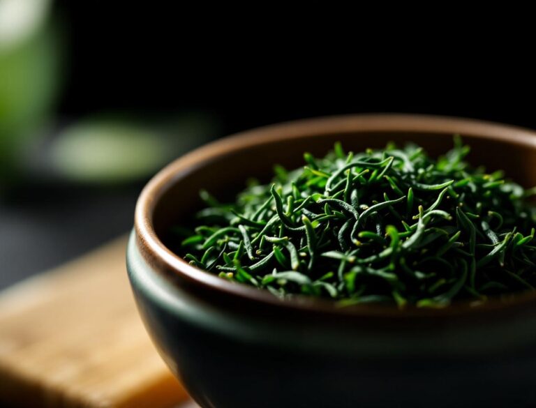 Gyokuro premium Japanese green tea — tightly rolled dark emerald needle leaves in a ceramic bowl, Japan's rarest shade-grown tea