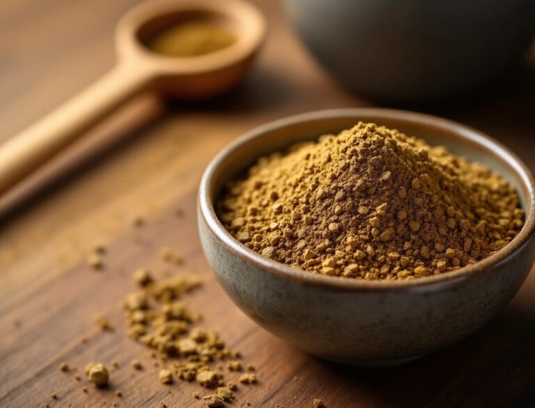 Hojicha powder — warm reddish-brown roasted Japanese green tea powder in a ceramic bowl with bamboo whisk, culinary grade