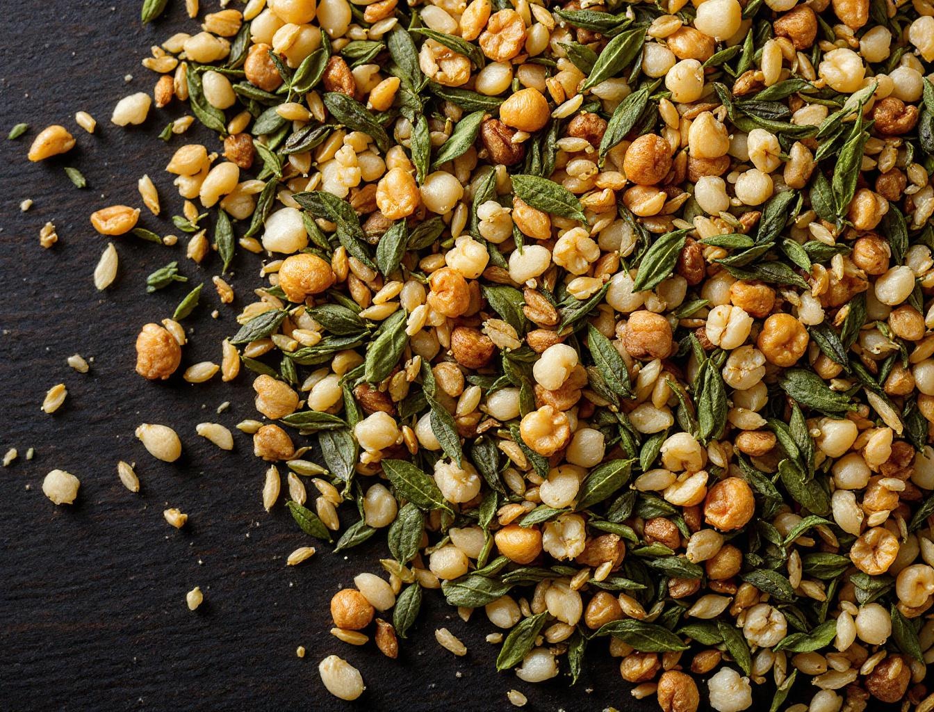 Loose leaf genmaicha tea blend with green tea leaves, roasted brown rice, and popped rice kernels