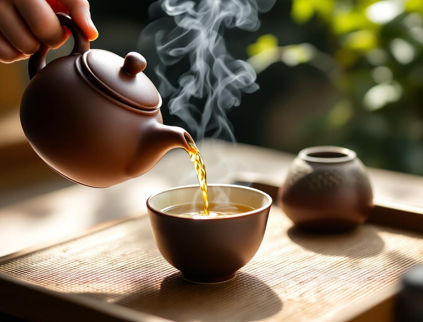 Japanese kyusu teapot pouring genmaicha tea with steam rising