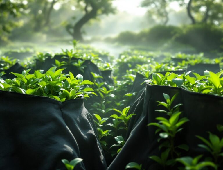Kabusecha tea bushes under shade cloth in a Japanese tea garden