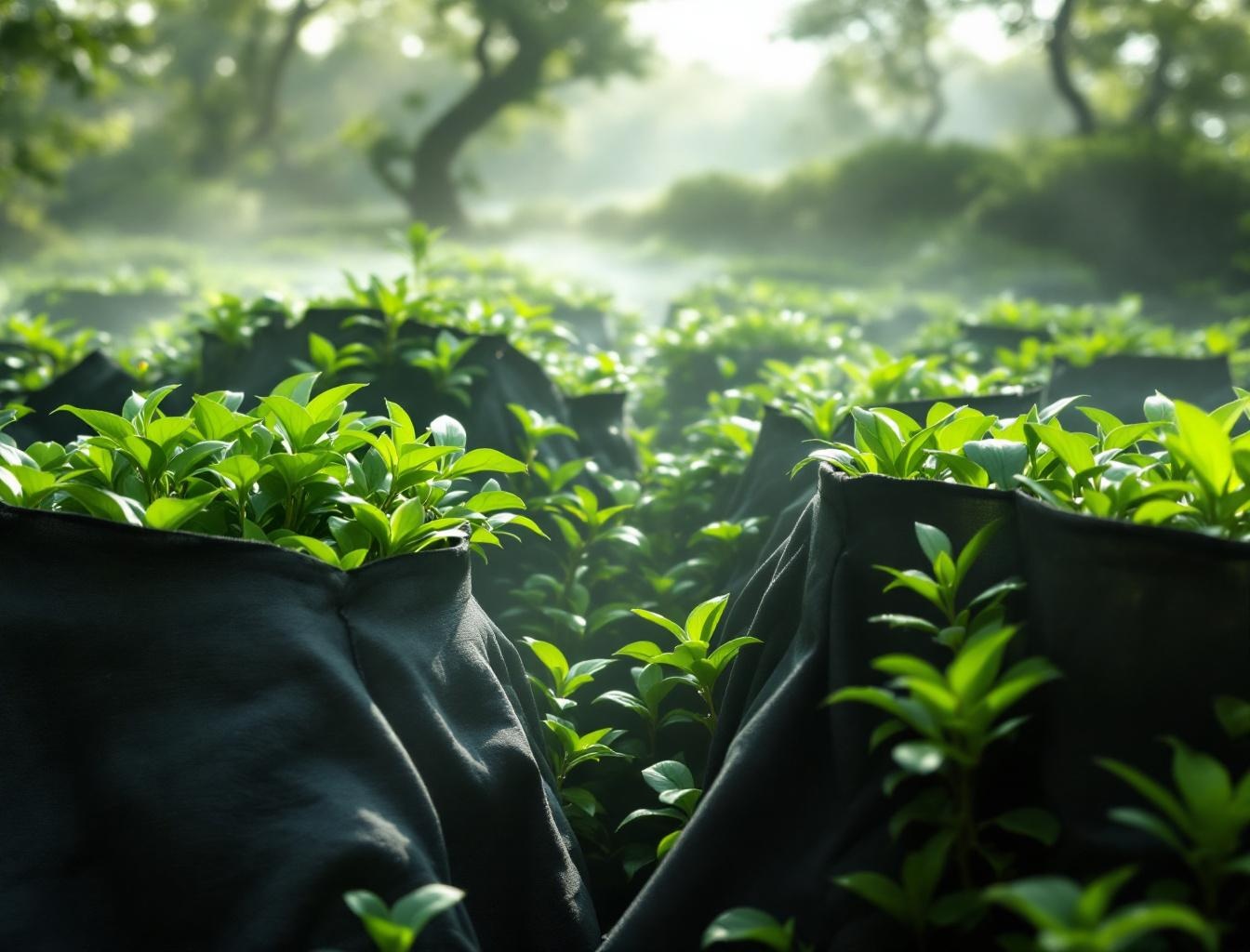 Kabusecha tea bushes under shade cloth in a Japanese tea garden